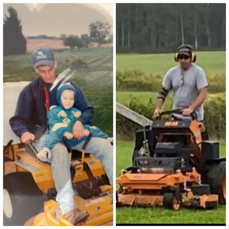 Then and now — Keith Martin with baby Brody on a mower in the 1990s, and Brody Martin on a commercial Scag mower today