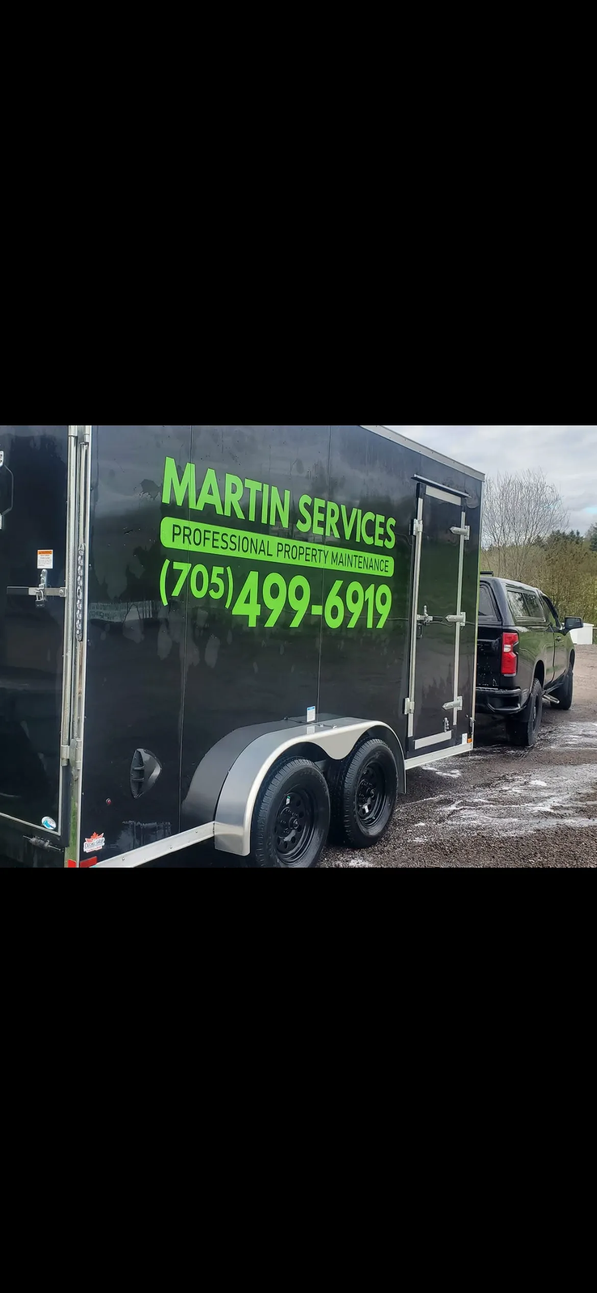 Martin Services enclosed trailer used for local delivery and hauling services in Powassan and North Bay