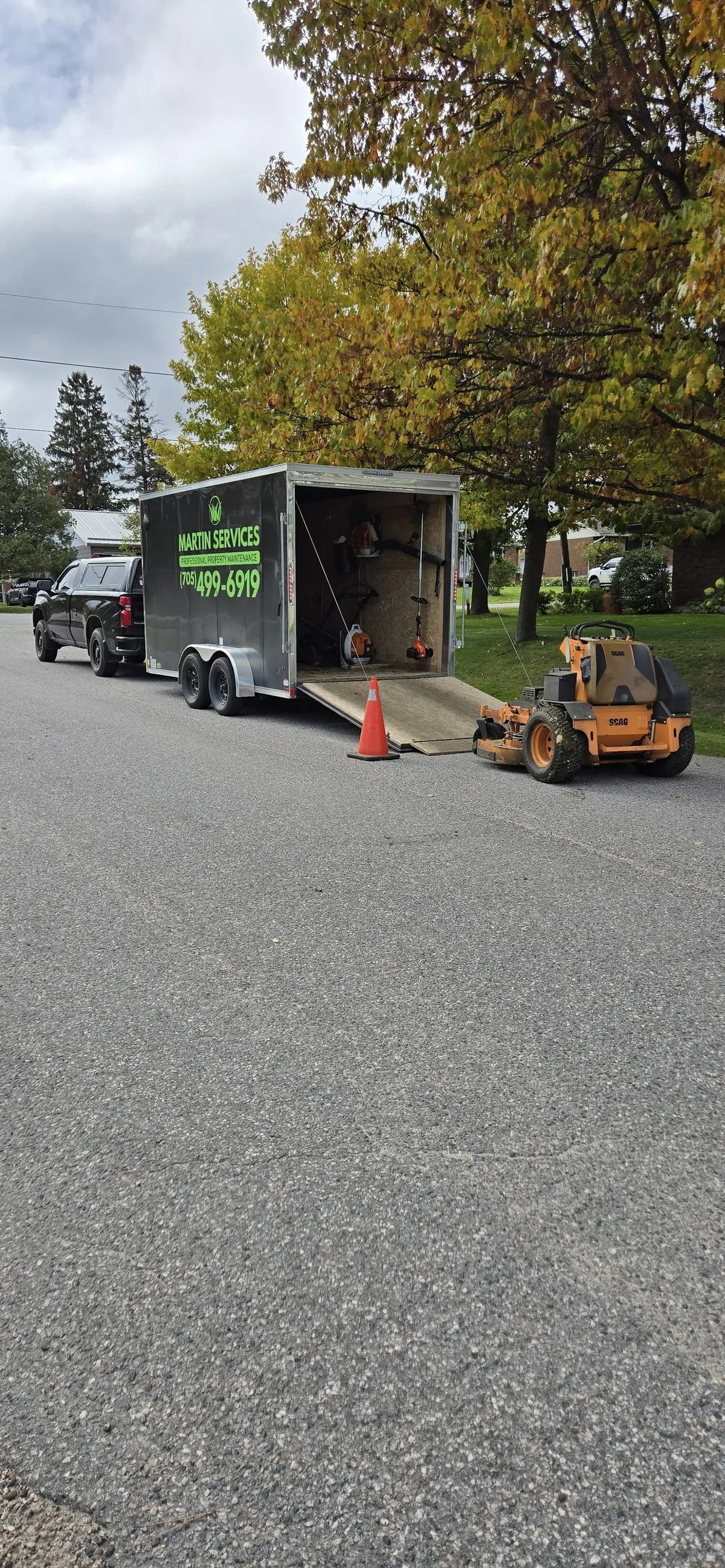 Martin Services commercial Scag mower used for large property maintenance near Bonfield, Ontario